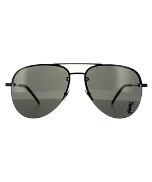 Saint Laurent Aviator Unisex Black Grey Sunglasses SL CLASSIC 11 M are a classic rimless aviator design with super slim metal temples, adjustable nose pads and plastic temple tips for a comfortable finish. One lens is embellished with the YSL logo for authenticity.