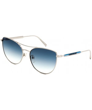 Zonnebril voor dames, met metalen montuur.
 Kleur blauw-zilver
 Ovaal montuur.
 Lichtblauw gekleurde glazen
 Metalen veren.
 100% UV-bescherming.
 Antireflecterende kristallen.
 Inclusief echtheidscertificaat en garantie.

 Afmetingen: Lenshoogte: 50 mm, Lensbreedte: 58 mm, Brug: 17 mm, Tempels: 140 mm.

 Reiniging en onderhoud:
 -Reinig de bril met water en zeep (neutraal).
 - Gebruik geen vuile of schurende doekjes, die kunnen de eigenschappen van de filters veranderen.
 - Gebruik alleen originele accessoires en reserveonderdelen.
 Afmetingen: Lenshoogte: 50 mm, Lensbreedte: 58 mm, Brug: 17 mm, Tempels: 140 mm.
 Samenstelling: Metaal
 Onderhoud:
Reiniging en onderhoud:
 -Reinig de glazen met water en zeep (neutraal).
 - Gebruik geen vuile of schurende doekjes, die kunnen de eigenschappen van de filters veranderen.
 - Gebruik alleen originele accessoires en reserveonderdelen.