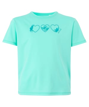100% Recyceltes Polyester. Gewebetechnik: Feuchtigkeitsabweisend, Schnell trocknend. Gewebe: Piqué. Design: Glitzer, Grafikdruck, Herzen, Logo. GSM (Gramm pro Quadratmeter): 135. Rundhalsausschnitt. Kurzärmlig. 170-176: 90,17 cm. 164: 84 cm. 128: 66 cm. 140: 72,4 cm. 116: 61 cm.