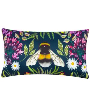 In superb hand-painted detail, a large bumble bee buzzes happily among the surrounding attractive pollinating florals, set against a rich, navy contrast background and printed on UV, water resistant Polyester fabric. Bring a touch of nature to your outdoor space with the beautifully designed Zinnia Bee outdoor cushion.