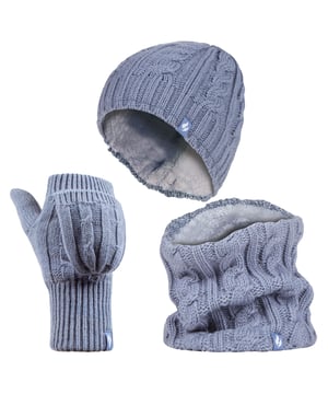 Dieses klobige Zopfset für Damen ist aus einem attraktiven, weichen, zweifarbigen Mergelgarn mit einem gerippten Saum gestrickt und enthält das neueste Heatweaver-Thermofutter, ein luxuriöses, plüschiges, pelzähnliches Isoliermaterial, das die Menge an warmer Luft maximiert, die nahe an der Haut gehalten wird. Außerdem fühlt es sich so weich und seidig an, dass es eine wahre Freude ist, sie anzuziehen, wenn das Wetter kälter wird! Schutzmanschette - Verbessert die Passform und bietet eine schützende Manschette, die das Handgelenk umschließt und für zusätzliche Wärme und Komfort sorgt. Heat Holders Converter Mitt - 2,3 Tog Heat Holders' vielseitiger Converter Mitt kann einfach über die Finger gefaltet werden, um einen warmen und kuscheligen Fäustling zu erhalten. Heat Holders Hat - 3.4 Tog rating - die Tog-Einstufung ist ein Maß für die Wärmekapazität eines Kleidungsstücks Neck Warmer - einfach über den Kopf ziehen, mit Heatweaver-Wärmefutter, 3.5 tog