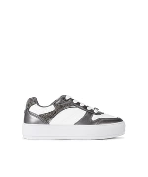 The KG Kurt Geiger Loran is a chunky sneaker arriving in white and gunmetal. There is crystal embellishment on the heel and sides complimenting the gunmetal hardware.