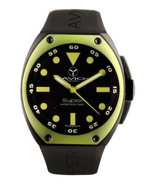 Avio Milano Reloj Hombre Super Negro AVI SA AC 1003.
Esfera Amarilla y Números Amarillos Correa de Cuero Negro.