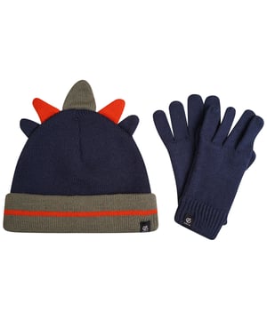 50% Recycled Polyester, 50% Acrylic. Fabric: Knitted. Cuff: Ribbed. Turned Up Cuff. Contents: 2 Gloves, 1 Beanie. Design: Contrast Detail, Dinosaur, Logo, Spiked.