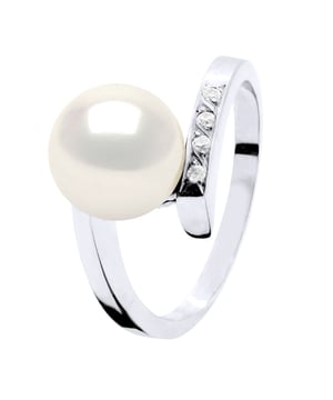 Ringschmuck Diamant 0,04 cts (4 x 0,01 cts – Qualität Hsi) Weißgold – echte Süßwasser-Zuchtperle, rund 8–9 mm – erhältliche gerade Größen von 48 bis 62 – Lieferung mit Echtheitszertifikat und internationaler Garantie – HERGESTELLT IN FRANKREICH
