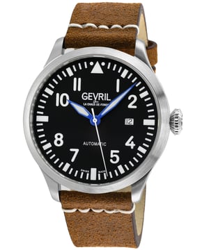 Reloj automático suizo Gevril 43504 para hombres de la colección Vaughn.
Caja redonda de acero inoxidable 316L de 44 mm, esfera negra, manecillas luminosas.
Fecha a las 3 en punto, fondo de caja transparente.
Corona de empuje y tracción.
Correa auténtica de cuero italiano marrón con hebilla de lengüeta.
Cristal de zafiro antirreflectante.
Resistente al agua hasta 50 metros/5ATM.
Fabricación suiza automática, movimiento Sellita SW200.
