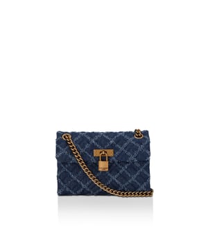 The Kurt Geiger Mini Brixton Lock Bag is crafted in a denim fabric with frayed quilted design. The antiqued brass branded padlock sits on the flap. 14cm (H), 20cm (L), 6cm (D). Strap drop cross body: 120cm. Strap drop shoulder: 70cm.