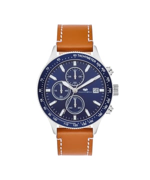GENERAL INFORMATION:  • Targetgroup: Male  • Wristwatch: Chronograph  • Display: analogue  • Weight of watch w/o box (gr.) - approx.: 79,0  • model series: Karthago II  MOVEMENT:  • Movement: Quartz  • Term of Movement: VD57  • Origin of movement: Japan  BRACELET:  • Material of bracelet/strap: Genuine leather  • Plating of bracelet/strap: None  • Finishing of bracelet/strap: Smooth  • Finishing/Decoration of bracelet/strap: Contrast stitching  • Clasp/Closure/Buckle: Buckle  • Color of bracelet/strap: Brown  • Length of bracelet/strap (mm) approx.: 210,0  • Width of bracelet/strap (mm) approx.: 20,3  • Style/Design of bracelet/strap: No imprint  • Bracelet/strap adjustable?: No  CASE:  • Shape of case: Round  • Size/Diameter of case in mm . approx.: 43  • Height of case in mm: 12,0  • Case material: Stainless steel  • Surface of case: Polished  • Bezel/Topring: Turnable  • Finishing/Decoration of case: Grooved  • Material of case back: Stainless steel  • Lock of case back: Screwed  • Color of case: Silver  • Coating/Plating (Case): None  • Type/Form of crystal: Flat  • Material of crystal: Mineral crystal  • Water resistant (ATM): 10  DIAL:  • Size jewelry care cloth: Date/Hour/Minute/Second/Stopwatch  • Indices: Line indices  • Material of dial: Brass  • Structure/pattern of dial: Multi-layer  • Color of dial: Blue  PUSHER, CROWN, HAND:  • Pusher: No screwed-in crown  • Corrector: Yes  • Crown: No screwed-in crown  • Type of hands: Arrow hand  • Luminescent (hands): Yes  PACKAGING & SCOPE OF DELIVERY:  • Box: Yes  • Service booklet: Yes  • Manual: Yes