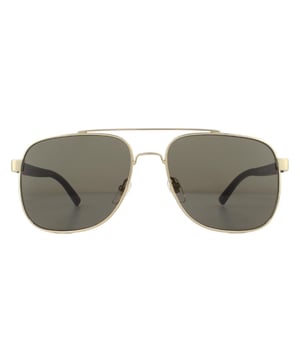 Gucci Sunglasses GG0422S 003 Gold Brownare a sophisticated square aviator design. The metal frame front features a double bridge and adjustable nose pads for a comfy fit. Rubberised temples showcase the brand's text logo as well as their signature green and red stripe..