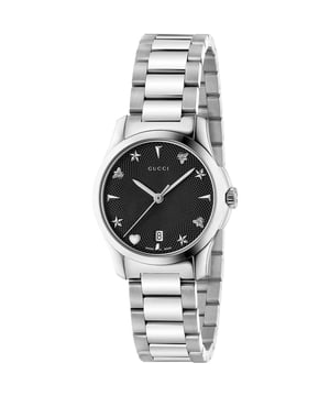 Model: YA126573EAN: 731903409774Movement: Battery Operated QuartzBracelet color: SilverWaterproofing: 50 Meters - 165 FeetDial Color: BlackBracelet material: Stainless SteelDial diameter: 27 mmGender: Women'sDisplay: AnalogStyle: CasualFeatures: Date at 6 o'clock, Hour, Minute, SecondGlass type: Scratch Resistant SapphireShape: RoundCase color: Silver