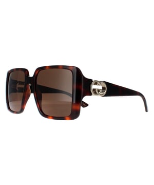 Gucci Square Womens Dark Havana with Gold Dark Brown GG1692S  Sunglasses feature a striking, oversized frame with a unique, softly contoured shape that enhances any look with a touch of glamour. Embellished with the iconic double-G logo on the temples, the GG1692S model proudly showcases the essence of Gucciâ€™s timeless style. The high quality lenses ensure exceptional UV protection, making them as practical as they are stylish. Available in a variety of refined colors, these sunglasses are the perfect choice for those who seek to combine bold elegance with modern fashion sensibilities.