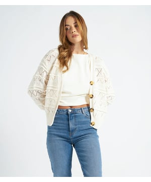 Model is 5'6 and wears a size S. this cardigan offers a delicate, airy texture that adds a touch of femininity to any outfit. Its lightweight yet cosy feel makes it perfect for layering, whether you're dressing up for an evening out or adding a soft touch to your everyday look.