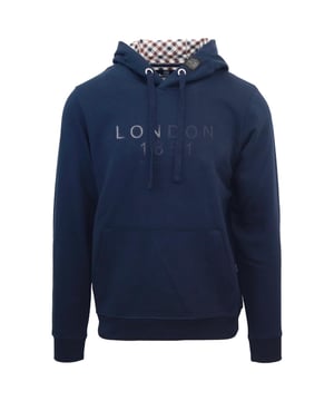 Aquascutum Bold London 1851 Logo Navy Blue Hoodie. This London Logo Navy Blue Hoodie from Aquascutum is the perfect blend of fashionable and functional. It's made of a lightweight, breathable fabric and has a stylish logo detail that elevates any casual look. Stay warm and stylish today with Aquascutum!. Elasticated Sleeve Ends and Waist, Drawstring Hood. 100% Cotton Hooded Jumper, Large Kangaroo Pocket. Regular Fit, Fits True To Size. Style Code: FC0123 85