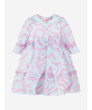 Mama Luma's sophisticated portfolio takes inspiration from a bygone era. This girls blue curve dress is reflective of the Californian label's impeccable craftsmanship and precision of beauty. Made in a stunning organza base with  a Peter Pan collar, tiered frill trims, an enlarged bow in the centre and shimmering bobbled tie-dye pattern. She will embody everlasting sophistication. ‚ Zip Fastening‚ Cotton Mesh Lining‚ 100% Polyester
