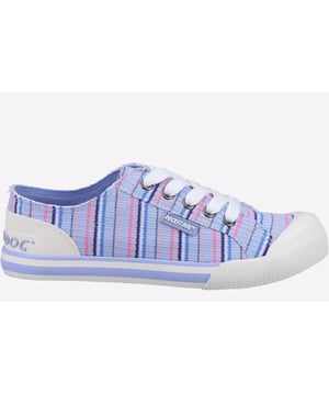 Womens Rocket Dog Jazzin Lynn Stripe Pumps in purple.- Textile upper.- Lace fastening.- An allover woven stripe design.- Raw edge finish for a vintage look.- Plush zone cushioned footbed.- Rocket Dog branding at tongue  side and heel cap.- Rubber toe guard.- Comfortable textile lining.- Rubber sole.- Ref.: JAZZINLY