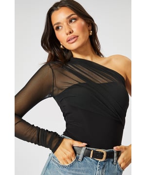 Striking one-shoulder design for a bold, asymmetric look
        Sheer mesh long sleeve adds allure and intrigue
        Figure-hugging bodysuit silhouette for a sleek fit
        Versatile piece that can be dressed up or down
        Perfect for making a statement on nights out
    
    Make heads turn in this daring mesh one-shoulder bodysuit from MissPap. The asymmetric neckline and sheer long sleeve create a captivating contrast, while the form-fitting silhouette accentuates your curves. For a night out on the town, pair it with high-waisted wide-leg jeans and statement heels to create a look that's both edgy and chic. Add some sparkle with bold earrings and a metallic clutch. When it's time to hit the dance floor, swap the jeans for a sleek mini skirt and strappy sandals. This versatile piece can also be layered under a blazer for a more sophisticated ensemble. Whether you're heading to a trendy bar or a pulsing nightclub, this bodysuit ensures you'll be the centre of attention all night long.