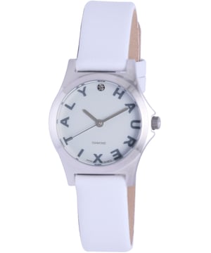 Reloj de acero inoxidable con esfera blanca redonda y marcador de diamante a las 12 en punto, con el logo 'Haurex Italy' mostrado como marcadores de hora. Movimiento de cuarzo con display analógico. Ventana del dial de cristal mineral. Presenta cierre de hebilla, corona acanalada, logo en la corona y correa de cuero suave. Resistente al agua hasta 30 m (99 pies).