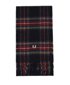 Schwarzer Schal von Fred Perry, Tartan-Schal, Markenlogo, 100 % Wolle, Tartan-Muster