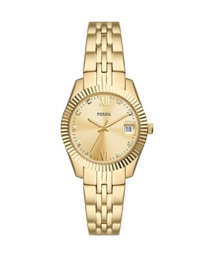 This Fossil Scarlette Analogue Watch for Women is the perfect timepiece to wear or to gift. It's Gold 32 mm Round case combined with the comfortable Gold Stainless steel watch band will ensure you enjoy this stunning timepiece without any compromise. Operated by a high quality Quartz movement and water resistant to 5 bars, your watch will keep ticking. Elegant and fashionable watch that is suitable for the daily life of every Women. This Analogue watch has a calendar function: Date and Luminous Hands High quality 19 cm length and 16 mm width Gold Stainless steel strap with a Fold over with push button clasp Case diameter: 32 mm,case thickness: 9 mm, case colour: Gold and dial colour: Gold