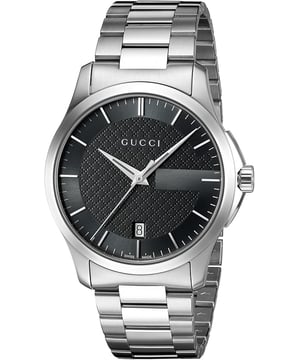 Timeless in style, yet showcasing a contemporary look, this Gucci Timeless men's watch is the perfect way to add a refined finish to your look. Filled with luxury and epitomising masculine elegance, this sleek watch is fastened with a fine-brushed and polished stainless steel bracelet and features a 38mm stainless steel case with a refined and polished bezel. Scratch-resistant sapphire crystal protects the black dial that's brought to life with the iconic Diamantissima pattern and enhanced by silver tone baton hour markers and silver tone hands, a date window at 6 o'clock and iconic branding at 12 o'clock. Water resistant to 50m, this beautifully made watch is powered by a Swiss made quartz movement. Polish up both your working and weekend look with this stunning designer watch that you'll never want to take off your wrist.