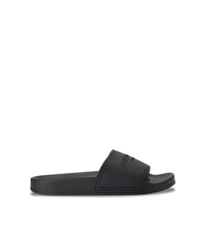 This Kurt Geiger drench Pool slider sandal is crafted from a black rubber. The wide foot strap is embellished with Kurt Geiger branding and the footbed is moulded for comfort.