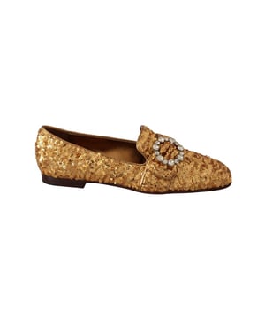 Marca: Dolce & Gabbana.
  Condicion: Nuevo con etiquetas.
  Estilo: Mocasines planos.
  Detalle: Gemas de lentejuelas y cristales.
  Puntera: Cuadrada.
  Plantilla: Piel con logo cosido.
  Material: Mordore y paillette.
  Color: Dorado.
  Adorno: Cristal transp.
