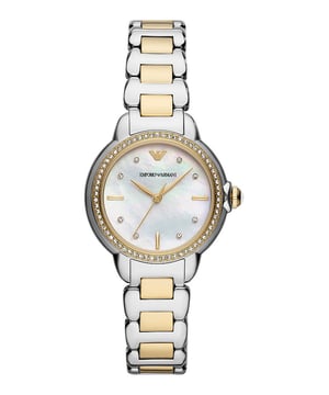 This Emporio Armani Mia Analogue Watch for Women is the perfect timepiece to wear or to gift. It's Multicolour 32 mm Round case combined with the comfortable Multicolour Stainless steel watch band will ensure you enjoy this stunning timepiece without any compromise. Operated by a high quality Quartz movement and water resistant to 5 bars, your watch will keep ticking. This elegant, fashionable watch set with beautiful stones is a perfect gift for New Year, birthday,valentine's day and so on High quality 19 cm length and 15 mm width Multicolour Stainless steel strap with a Deployment clasp Case diameter: 32 mm,case thickness: 9 mm, case colour: Multicolour and dial colour: Mother of pearl