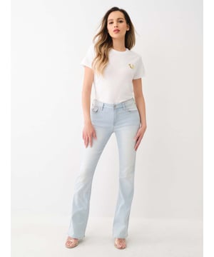 The Becca Mid Rise Bootcut Jean is the perfect light wash jean. Featuring a mid-rise waist, zip fly, belt loops, and white single needle stitching. Finished with horseshoe detailing on the back flap pockets