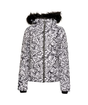 Materiaal: 100% polyester. Stof: Keperstof. Ontwerp: Luipaardprint, Logo, Gewatteerd. Stof Technologie: Ared 10000, Ademend, Waterafstotend, Waterdicht. Badge, kinbeschermer, afneembare sneeuwrok, opbergruimte voor bril met brillendoekje, hoge warmte, ritsbeschermer aan de binnenkant, lage bulkvulling.. Mouwtype: Met lange mouwen. Halslijn: Staande kraag, kraag met fluwelen afwerking. Eigenschappen kap: verstelbaar, afneembaar bontrandje, afneembare kap. Zakken: 1 binnenzak, skipaszak, 2 onderzakken, opbergzak. Bevestiging: Volledige ritssluiting. Zoom: Schokkoordzoom. Duurzaamheid: Gemaakt van gerecycled materiaal.