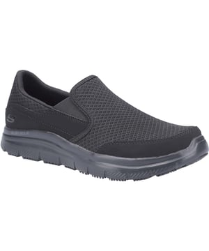 Cooler sportlicher Stil und ganztägiger Komfort vereinen sich im Flex Advantage McAllen SR Schuh. Obermaterial aus glattem Synthetik- und Meshgewebe in einem rutschfesten, lässigen Slip-On-Arbeitssneaker mit Nähten und Überzügen.