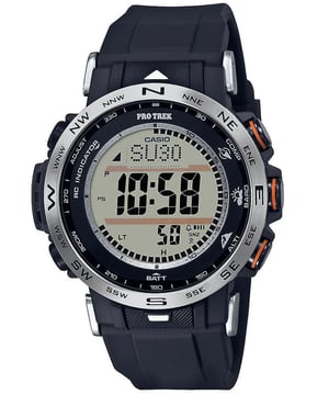 This Casio Protrek Digital Watch for Men is the perfect timepiece to wear or to gift. It's Black 40 mm Round case combined with the comfortable Black Plastic watch band will ensure you enjoy this stunning timepiece without any compromise. Operated by a high quality Quartz movement and water resistant to 10 bars, your watch will keep ticking. This solar powered watch recharges itself in any kind of light,This solar watch does not require any battery replacement. -The watch has a calendar function: Day-Date, Solar Powered, Stop Watch, Compass, Altimeter, Alarm High quality 21 cm length and 22 mm width Black Plastic strap with a Buckle Case diameter: 40 mm,case thickness: 12 mm, case colour: Black and dial colour: LCD