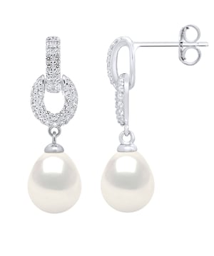 Hanging Earrings Real Cultured Freshwater Pearls Pear 8-9 mm - COLOR NATURAL WHITE - Paving White Cubic Zirconia - Butterfly Clasp - Silver 925 Rhodium plated - Delivered with Certificate of Authenticity and International Guarantee - MANUFACTURED BY OUR FRENCH JEWELERS