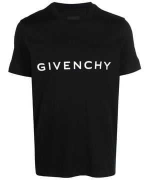 Black T-Shirt featuring a printed Givenchy logo. Casual and classic.