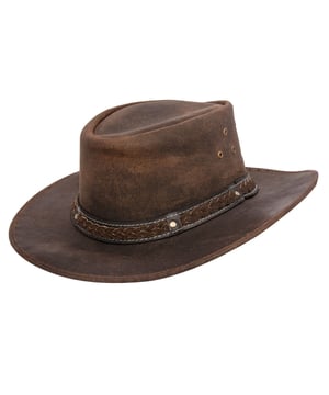 Sombrero vaquero clásico de cuero auténtico. La copa está adornada con una banda trenzada. Resistente, pero elegante, ligero y de una calidad increíble.