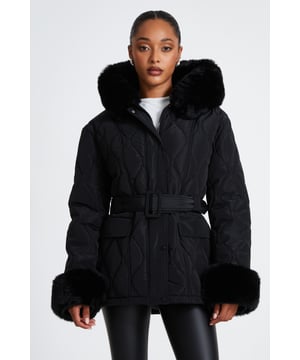 - Padded - Diamond quilted - Faux fur trim - Belted detail - Pockets - Model height: 5' 9" - Model wears uk 8 / us 4 / eur 36 - Always check the care wash label - Cool hand wash with mild detergent