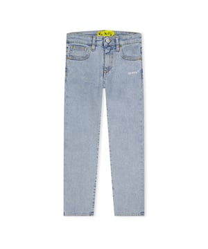 Juniors Off White Rubber Arrow Denim Pants in light blue.- Five-pocket styling.- Zip with button closure.- Off hand logo printed at front and white diagonals printed at back.- Yellow logo patch sewn at waist.- Straight leg.- Ref: OGYA0010014001