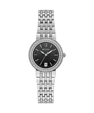 This Bulova  Analogue Watch for Women is the perfect timepiece to wear or to gift. It's Silver 26 mm Round case combined with the comfortable Silver Stainless steel watch band will ensure you enjoy this stunning timepiece without any compromise. Operated by a high quality Quartz movement and water resistant to 3 bars, your watch will keep ticking. This high quality watch is an incredible eye-catching Women watch -The Analogue watch has a calendar function: Date, Luminous Hands High quality 19 cm length and 14 mm width Silver Stainless steel strap with a Deployment clasp Case diameter: 26 mm,case thickness: 6 mm, case colour: Silver and dial colour: Black