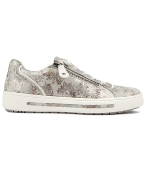 Deportivas Jana 23660 de mujer en color gris, fabricadas en sintético y suela de goma. Presenta: forro sintético/textil, detalle de estampado floral, cremallera lateral, suela texturizada y marca en la lengüeta.