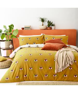 Add instant personality into your bedroom with this bold duvet set, featuring mystical watching eyes design. This has a neutral reversible design so you can switch the look when you need to.