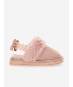 Monnalisa incorporate passion and innovation into their beautifully crafted designs. These girls suede slippers in pink are perfect for every fashionista. Engineered in luxurious detail with all-over rhinestones, a plush edging, platform sole and elastic with a bow. Inspired by coquette fashion, she will be obsessed. Inner With Rhinestone Logo