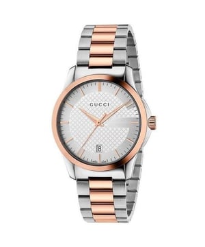 Prachtig herengucci-horloge met witte wijzerplaat, met een kast van 38 mm en een roségouden en roestvrijstalen band, dit is de perfecte dresswatch