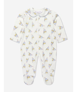 Rachel Riley's traditional craftsmanship is embodied in this baby girls fairy babygrow babygrow. As part of the Christmas collection, it features a gorgeous pattern of silver sparkling fairies with a blue trimmed Peter Pan collar and popper fastening to ensure comfort and sophistication. 100% Cotton  Popper Fasteners  Machine Wash (30*C)