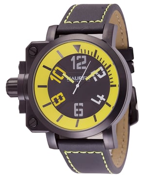 Haurex italy:gun men's watch, ipb case, black/yellow dial, black with yellow leather strap