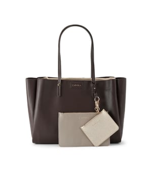 The Carvela Freya Triple Compartment Tote features a brown exterior with gold tone branding. There are two, removable zipped pouches on the front. Dimensions: 26cm (H), 37cm (L), 10cm (D). Strap length shoulder: 51cm. Strap drop: 23cm.