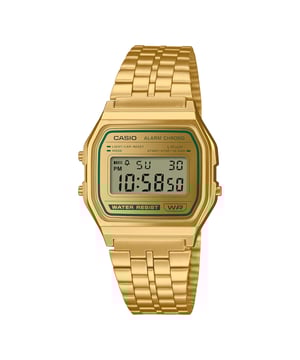 This Casio Casio Collection Vintage Digital Watch for Unisex is the perfect timepiece to wear or to gift. It's Gold  Rectangular case combined with the comfortable Gold Stainless steel watch band will ensure you enjoy this stunning timepiece without any compromise. Operated by a high quality Quartz movement and water resistant to 3 bars, your watch will keep ticking. Vintage fashion meets modern functionality, delivering retro styling with up-to-date features. This Digital watch has a calendar function: Day-Date as well as a Stop Watch , Alarm and Light High quality 20 cm length and 18 mm width Gold Stainless steel strap with a Folding Clasp Case measurement: 34 X 36 mm,case thickness: 8 mm, case colour: Gold and dial colour: Gold