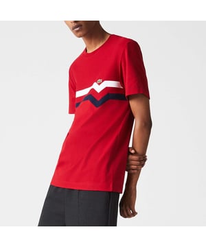 Heren Lacoste Made In France Gestreept T-shirt van organisch katoen - Geribbelde ronde hals- Shirt van organisch katoen- Normale pasvorm - Driekleurige strepen op borst - Geborduurde groene krokodil op borst- Ref: TH7974-VLP