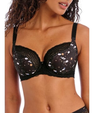 Freya's Daydreaming Plunge Bra with a floral print. With a low centre front, crochet-look lace top cup and fully adjustable straps. They are finished with a bow and silver disk charm. The product is recommended to be hand-wash only.