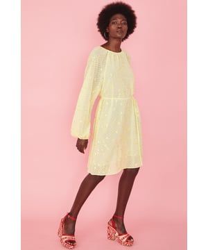 Floral embroidered tunic dress in buttercup lemon. Just what your summer wardrobe requires.

- long cuffed sleeves

- round neck

- tie waist

- gathered neckline