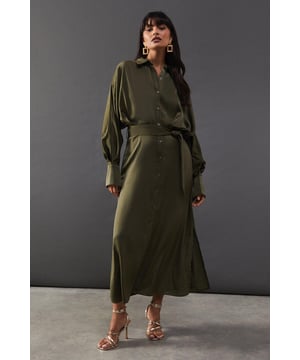 Satin Batwing Split Side Midi Shirt Dress