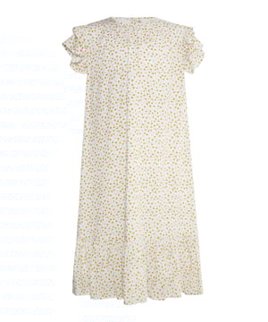 Das Kleid dieses Mädchens hat einen süßen Blumendruck. Ausgestelltes Kleid mit kurzen Ärmeln und dezenter Rüsche, hinten mit Reißverschluss geschlossen.  Der runde Ausschnitt und das kleine Muster verleihen diesem mittellangen Kleid einen Hauch von Süße. Perfekt für Kinder, die Mode lieben. Dieses Produkt ist Teil der Kids-Kollektion.  Kleid